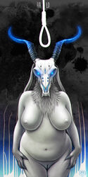 1girls abstract_background anthro anthro_only artist_logo barbell_piercing big_breasts breasts caprine chubby demon female female_only glowing glowing_eyes goat horns mammal navel nipple_piercing nipples noose nude piercing pussy skull solo ultraviolet_(artist) vagina voluptuous wide_hips