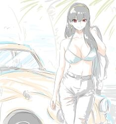 1girls bikini bikini_top_only black_hair blue_bikini breasts car denim earrings hairband holding_jacket jacket jeans large_breasts long_hair looking_at_viewer midriff milf mitsugu motor_vehicle navel pants red_eyes smile smiling smiling_at_viewer spy_x_family swimsuit torn_clothes torn_jeans torn_pants yor_briar yor_forger