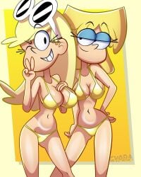 2girls alternate_version_available big_breasts bikini eyelashes female female_focus female_only golden_bikini gyaradosageiii leni_loud light-skinned_female light_skin long_hair lori_loud medium_breasts multiple_girls nickelodeon siblings sisters sunglasses sunglasses_on_head the_loud_house