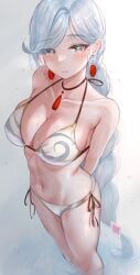 1girls 2023 alternate_costume arms_behind_back ass belly_button big_breasts bikini blush braided_hair breasts cleavage earrings female female_focus female_only fully_clothed genshin_impact high_resolution highres hourglass_figure light-skinned_female light_skin long_hair looking_at_viewer mature mature_female necklace revealing_clothes shenhe_(genshin_impact) silver_eyes solo solo_female solo_focus standing standing_in_water swimsuit thong thong_bikini water wet wet_body white_background white_bikini white_bikini_bottom white_bikini_top white_hair white_skin yousuketwelve