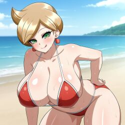 1girls ai_generated aurea_juniper beach bent_over big_breasts bikini blush busty collarbone creatures_(company) curvy earrings facing_viewer female female_only game_freak green_eyes hi_res highres huge_breasts nintendo outdoors pokemon pokemon_(game) pokemon_bw pokemon_trainer posing red_bikini red_lingerie seraphim_ai shiny_skin short_hair smile solo stable_diffusion thick_thighs tongue_out wet wet_body