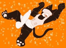 anthro armor balls cat_tail clothing felid feline_ears genitals gloves handwear headgear helmet hi_res lying male mammal on_back orange_background paws penis sharp_teeth simple_background slimysage solo tankman tankmen teeth topwear vest