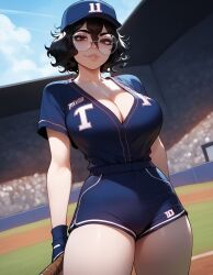 1girls ai_generated artstyle_imitation ass baseball baseball_bat baseball_cap baseball_field baseball_uniform big_breasts black_hair breasts brown_eyes cleavage dolphin_shorts eyelashes eyeshadow glasses goth goth_girl gothic looking_at_viewer messy messy_hair naughty naughty_face nerd night night_sky olie outdoors pale-skinned_female round_glasses seductive seductive_look short_hair sports_shorts sportswear stadium street thiccwithaq_(ai_style) thick_ass thick_legs thick_lips thick_thighs thighs wavy_hair xandr