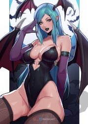 1girls artist_name bare_shoulders bat bat_wings big_breasts black_lipstick blue_eyes blue_hair busty capcom choker cleavage darkstalkers gloves hair_clips inhoso labret_piercing light-skinned_female light_skin lipstick morrigan_aensland pierced_lip pointy_ears soft_thighs succubus thighhighs thighs tight_clothing wings