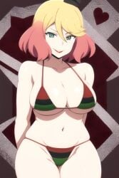 1girls ai_generated angels_of_death arms_behind_back backround belly belly_button bikini blonde_hair catherine_ward female female_only flag_bikini green_eyes heart large_breasts light-skinned_female light_skin looking_at_viewer navel pan-african_flag pan-african_flag_bikini pink_hair satsuriku_no_tenshi skimpy_bikini smiling smirk solo wide_hips