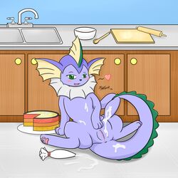 black_nose blue_skin blush cabinet cake female feral fin food freespirit59 frosting green_eyes heart kitchen masturbation nintendo pawpads paws pleasured plump_labia pokémon_(species) pokemon pussy sink smile solo spread_legs spreading vaporeon video_games