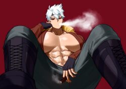 1girls abs big_breasts cigar female female_only fingerless_gloves inner_sideboob kei_(subway_gorilla) looking_at_viewer muscular muscular_female narrowed_eyes red_background red_eyes sitting smoking solo sotcho very_high_resolution white_hair