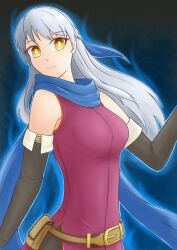 1girls armpits aura bare_shoulders black_background blue_aura breasts dress elbow_gloves emblem_(fire_emblem) enbu female female_only fire_emblem fire_emblem:_radiant_dawn fire_emblem_engage gloves grey_hair long_hair looking_at_viewer medium_breasts micaiah_(fire_emblem) nintendo pantyhose scarf shoulders silver_hair sleeveless sleeveless_dress smile solo yellow_eyes