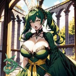 ai ai_generated castle dress green_hair headdress huge_breasts humanization nintendo pokemon pokewomen rayquaza rayza standing twintails yellow_eyes