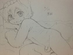 :3 balls big_eyes chubby cute eyebrows flaccid hair humanoid_penis kemono looking_at_viewer lying male male_only monochrome nude penis plain_background pose posing simple_background sirotae_konnta sketch small_penis smile solo uncut young