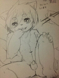 ass balls big_eyes chopsticks chubby cute eyebrows hair humanoid_penis kemono looking_at_viewer male male_only monochrome navel nipples nude penis sirotae_konnta sketch small_penis solo uncut young