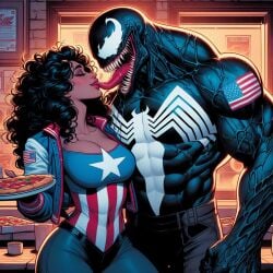 ai_generated america_chavez american dark-skinned_female kiss light-skinned_male marvel spider-man_(series) sucking_tongue venom_(marvel)