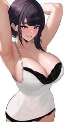 1girls armpit_fetish armpits arms_up bra breasts cleavage dress edmun female hi_res huge_breasts light-skinned_female light_skin long_hair mato_seihei_no_slave naughty_face purple_eyes purple_hair smile yamashiro_ren