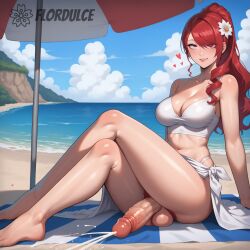 1futa ai_generated ball_hair balls beach bikini cum cumming cumshot ejaculation erect_penis erection flordulce futa_only futanari hairy_balls hairy_testicles heart legs_crossed mitsuru_kirijo orgasm outdoors penis persona persona_3 pubic_hair red_eyes red_hair rolling_eyes sitting smile smiling solo_futa testicles white_bikini