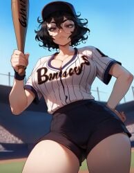 1girls ai_generated artstyle_imitation ass baseball baseball_bat baseball_cap baseball_field baseball_uniform big_breasts black_hair breasts brown_eyes eyelashes eyeshadow glasses goth goth_girl gothic looking_at_viewer messy messy_hair naughty naughty_face nerd night night_sky olie outdoors pale-skinned_female round_glasses seductive seductive_look short_hair sports_shorts sportswear street thiccwithaq_(ai_style) thick_ass thick_legs thick_lips thick_thighs thighs wavy_hair xandr