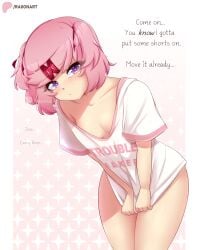 1girls 2024 artist_name asian asian_female bottomless doki_doki_literature_club female female_focus female_only hi_res highres hips light-skinned_female light_skin looking_at_viewer natsuki_(doki_doki_literature_club) pink_hair purple_eyes raionart shirt shirt_only small_breasts solo solo_female solo_focus tagme thick_thighs thighs topwear topwear_only topwear_pull twitter