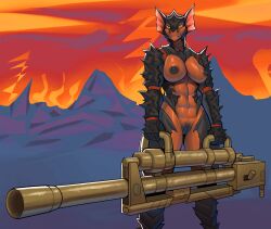 absurd_res anthro anti-tank_gun black_nipples black_pussy breasts dziero female fire genitals gun helldivers_2 hi_res hive_guard_(helldivers) juno_(deadly_tiger) looking_at_viewer muscular muscular_female nipples nude pussy ranged_weapon solo solo_focus terminid weapon yellow_eyes