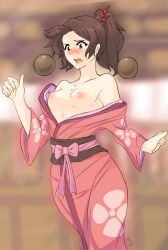 1girls blush breasts breasts_out dress fuu kimono nipples open_mouth ponytail samurai_champloo small_breasts solo solo_female tridisart wardrobe_malfunction