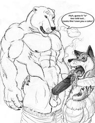 abs anthro arctic_wolf bear canine duo english_text gay male mammal muscles oral pecs polar_bear sudonym text wolf