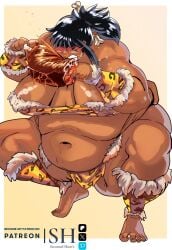 1girls areolae bangs bbw belly big_belly big_breasts black_hair blush breasts cavewoman eating fat female female_only food hair_over_eyes huge_breasts lord_hamilton muscular muscular_arms muscular_female nipples overweight overweight_female solo solo_female strongfat thick_thighs