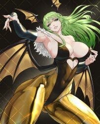 1girls armpits bare_shoulders bat_wings big_breasts busty calad_g capcom cleavage curvy darkstalkers gold_nails gold_outfit green_eyes green_hair light-skinned_female light_skin morrigan_aensland painted_nails small_waist succubus thick_thighs thighs tight_clothing wings