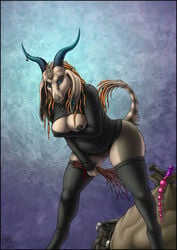 1girls 2015 anal_beads anthro artist_logo bag beige_fur bent_over blue_eyes body_fur bottomless breasts caprine dildo dreadlocks ear_piercing exposed_breast facial_piercing female female_only goat grey_fur horns krampus legwear long_hair mammal necklace nipple_piercing nipples nose_piercing nose_ring open-chest_sweater orange_hair piercing pussy rule_63 sex_toy solo stockings sweater tail tail_tuft thigh_highs ultraviolet_(artist) vagina wide_hips