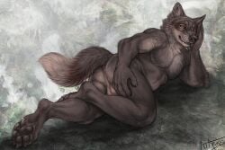 2024 4_toes 5_fingers anthro anus ass backsack balls biped canid canine canis claws colored english_text fangs fingers fur genitals grey_body grey_fur grey_tail looking_at_viewer male mammal nude pawpads presenting presenting_anus presenting_hindquarters rukis signature simple_background solo tail teeth text toe_claws wolf yellow_eyes