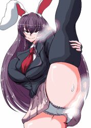 1girls 321dawndawn big_breasts breasts bunny_ears bunny_girl clothed_female leg_up light-skinned_female long_hair panties pixel_art purple_hair red_eyes reisen_udongein_inaba skirt smile solo solo_female stretching thick_thighs thighhighs thighs touhou white_background