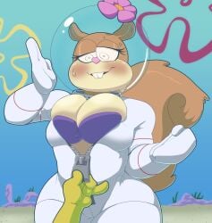 1boy 1girls big_breasts blush bra brown_body brown_fur buckteeth cleavage female four-pundo large_ass male nickelodeon sandy_cheeks spongebob_squarepants spongebob_squarepants_(character) squirrel squirrel_ears squirrel_tail sweat thick_thighs thighs wide_hips zipper zipper_down