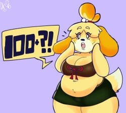 animal_crossing anthro belly big_belly big_breasts chubby chubby_female cleavage daisykitty96 female female_only furry isabelle_(animal_crossing) nintendo solo tail text_box