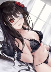 asle bed belly belly_button black_hair breasts date_a_live female gloves light-skinned_female lingerie long_hair pointy_chin red_eyes solo thighs tokisaki_kurumi underwear