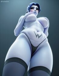 1girls ai_generated big_breasts blue_skin female female_only from_below g-string hands_on_breasts high_socks indoors itsneilart low-angle_view overwatch overwatch_2 solo thong widowmaker