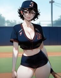 1girls ai_generated artstyle_imitation ass baseball baseball_bat baseball_cap baseball_field baseball_uniform big_breasts black_hair breasts brown_eyes daylight eyelashes eyeshadow glasses goth goth_girl gothic holding_baseball_bat looking_at_viewer messy messy_hair naughty naughty_face nerd night night_sky olie outdoors pale-skinned_female round_glasses seductive seductive_look short_hair sports_shorts sportswear street thiccwithaq_(ai_style) thick_ass thick_legs thick_lips thick_thighs thighs wavy_hair xandr