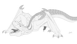 2015 capcom dragon flying_wyvern greyscale half-closed_eyes kaeku looking_at_viewer male male_only membranous_wings monochrome monster_hunter monster_hunter_freedom_2 open_mouth penis plain_background precum solo teeth tigrex tongue tongue_out video_games white_background wyvern