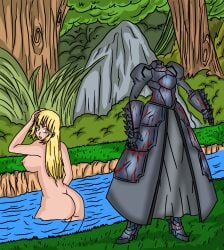 archangemon ass black_armor blonde_hair breasts fate_(series) forest human lake living_armor living_clothes saber_alter sentient_clothing surprised washing