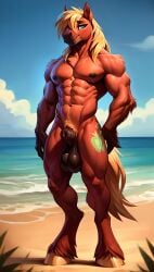 2024 ai_generated anthro anthrofied balls beach big_macintosh_(mlp) cutie_mark earth_pony equid equine friendship_is_magic furry horse looking_at_viewer male male_only mammal muscular muscular_male my_little_pony navel nipples nude penis sheath smile solo speedykiwi standing tagme tail