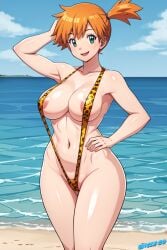 1girls ai_generated athletic_female aureola beach big_breasts cleavage green_eyes hourglass_figure kasumi_(pokemon) leopard_print leopard_print_bikini looking_at_viewer misty_(pokemon) pokemon ponytail posing red_hair self_upload side_ponytail sling_bikini slingshot_swimsuit stable_diffusion teenager unclego