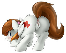 anus blue_eyes blush brown_hair cutie_mark derpah dock equine fan_character female fur hair heart hi_res long_hair looking_at_viewer looking_back mammal my_little_pony pegasus plain_background presenting pussy raised_tail rear_view smile solo white_fur wings