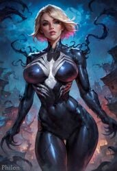 1girls ai_generated black_bodysuit blonde_hair blue_eyes bodysuit breasts building cameltoe claws covered_navel covered_nipples gwen_stacy gwenom impossible_bodysuit impossible_clothes large_breasts lips looking_at_viewer marvel multicolored_hair philon pink_hair short_hair skin_tight solo spider-gwen spider-man:_into_the_spider-verse stable_diffusion standing symbiote thigh_gap toned venom wide_hips