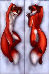 1boy 2014 animal_genitalia anthro balls bed canine canine_penis closed_eyes dakimakura ear_piercing fox fur hair looking_at_viewer lunalei lying male male_only mammal nude paws penis peteeliot piercing smile solo