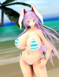 1girls 3d blue_bikini blush cleavage female female_only huge_breasts looking_at_viewer mmd mokomoko1gou navel open_mouth red_eyes reisen_udongein_inaba solo striped_bikini touhou white_bikini