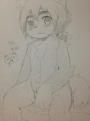 balls big_eyes chest_tuft eyebrows flaccid fur hair humanoid_penis kemono male male_only monochrome nipples nude penis plain_background sirotae_konnta sitting sketch small_penis solo tuft young