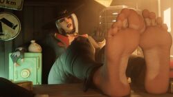 3d ashe_(overwatch) barefoot beauty_mark choker clothed cowboy_hat cowgirl earrings feet feet_up fingerless_gloves foot_fetish foot_focus gloves jacket overwatch overwatch_2 pants pointing_at_viewer pov pov_eye_contact red_eyes red_lipstick soles stud_earrings studded_choker studded_collar toes white_hair zmsfm