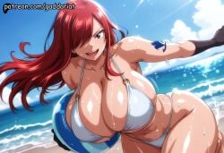 1girl ai_generated bikini bokeh_background breasts curvy elbow_gloves erza_scarlet fairy_tail gaddariat gloves huge_breasts large_breasts motion_lines patreon redhead running slim_waist smile speed_lines voluptuous