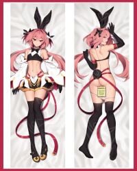 1boy absurdres animal_ears armpit_crease ass astolfo_(fate) astolfo_(saber)_(fate) astolfo_(saber)_(first_ascension)_(fate) back bare_shoulders bed_sheet black_bow black_bowtie black_gloves black_shoes black_thighhighs blush border bow bowtie censored closed_mouth crop_top dakimakura_(medium) detached_sleeves elbow_gloves fake_animal_ears fake_tail fate/grand_order fate_(series) feet from_above full_body gloves gold_trim hair_between_eyes hair_intakes hairbow highres legs light-skinned_male looking_at_viewer looking_back male male_focus male_only matemi miniskirt navel no_shoes oerba_yun_fang official_alternate_costume open_mouth panties panty_pull pink_hair rabbit_ears rabbit_tail red_border red_ribbon ribbon shoes skin_fang skindentation skirt sleeveless smile soles solo striped_clothes striped_panties tail testicles thighhighs twintails underwear watermark