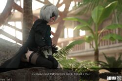 1girls 3d blindfold blindfolded caption clothed clothing dress female godwin headband leggings neroxliv nier nier:_automata oasis outdoors outside pale_skin pinup skirt subtitled thighhighs white_hair yorha_2b