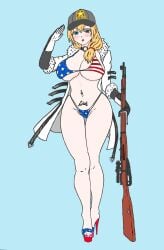 1girls american_flag_bikini army_hat baseball_cap bimbo bimbofication blonde_hair blue_eyes collar female girls'_frontline gloves gun high_heel_sandals high_heels highleg_bikini holding_gun hooded_jacket large_breasts mosin-nagant mosin-nagant_(girls'_frontline) navel navel_piercing platform_heels pubic_tattoo rifle salute side_ponytail slut slut_tattoo tattoo toenail_polish underboob wide_hips