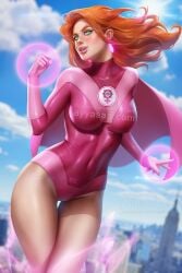 atom_eve ayyasap breasts clothed clothing female female_only fully_clothed green_eyes invincible invincible_(tv_series) red_hair shiny_clothes solo superheroine tight_clothing watermark