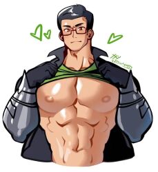 abs armor bara biceps big_chest big_pecs black_hair brown_eyes exposed_breasts gay glasses heart huge_chest huge_pecs lifting_shirt male male_only muscular muscular_male sachuman