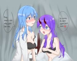 2girls :3 azura_(rainimator) blue_eyes blue_hair blush bra demon_girl demon_horns half-dressed half_naked heart in_bed minecraft purple_hair rainimator stella_(rainimator_universe) text wholesome yuri